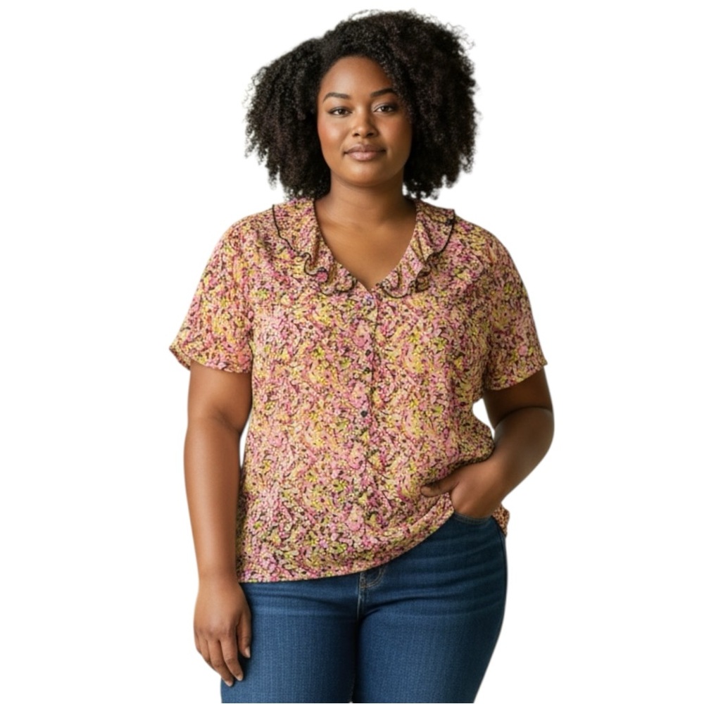Vintage Y2K Multicolored Floral Button Up Semi Sheer Short Sleeve Chiffon Top 3X